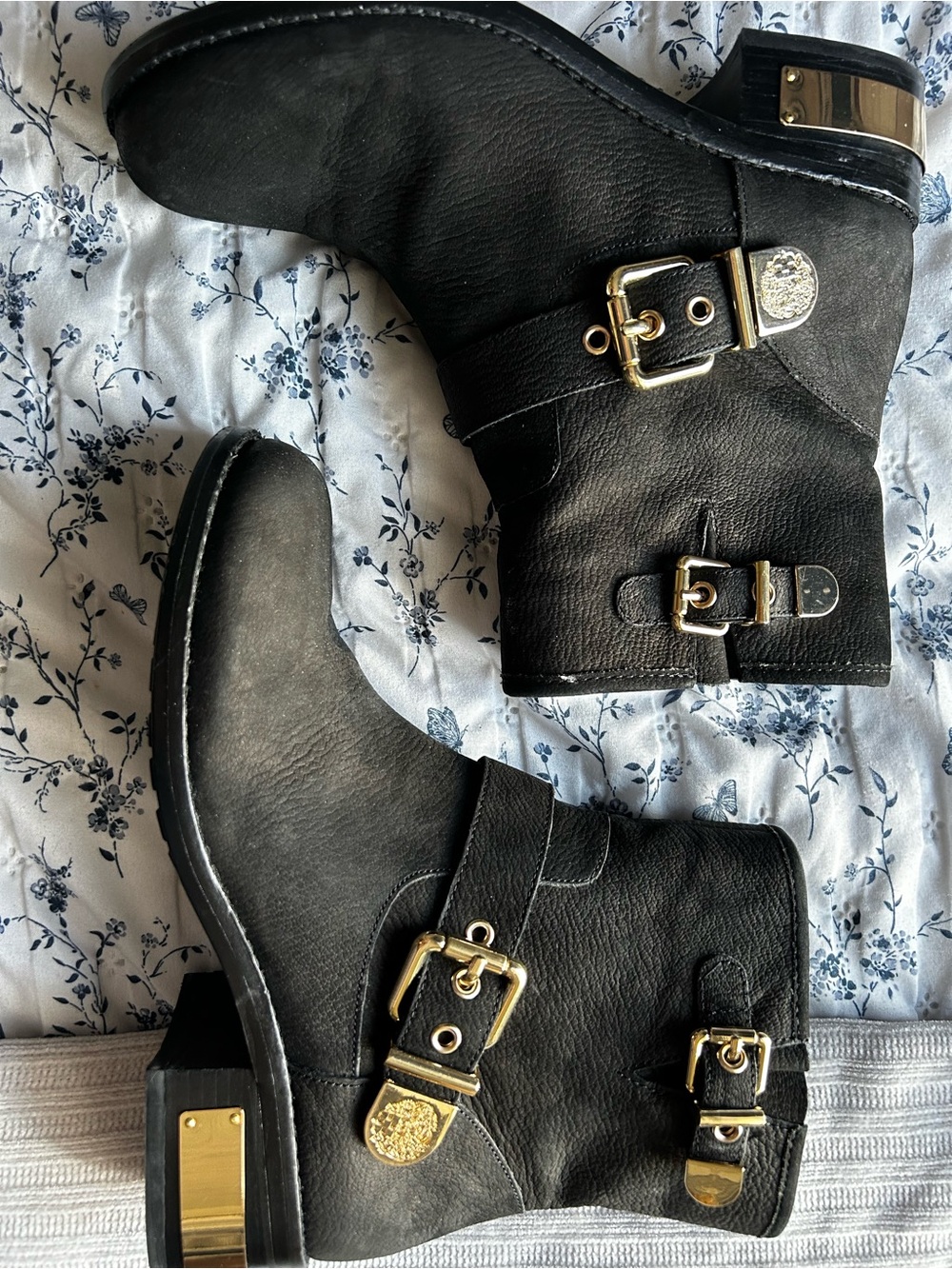 Vince Camuto Black Leather Combat Boots with Gold Hardware